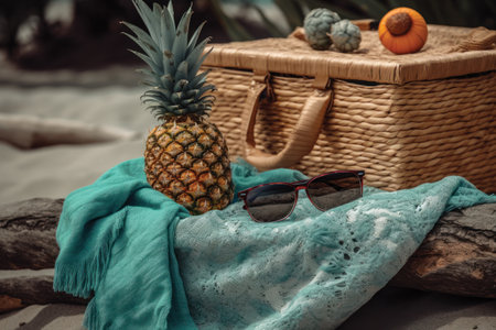 Pineapple, sunglasses and a blue scarf on the beach.の素材