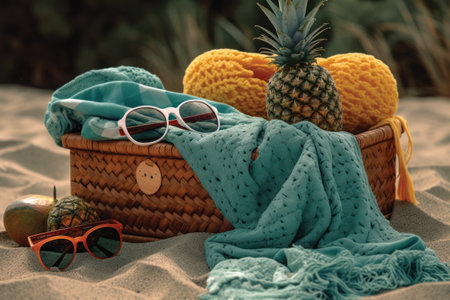 Wicker basket with knitted plaid, sunglasses and pineapple on the beachの素材