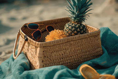 Wicker basket with sun glasses and pineapple on the beach. Summer concept.の素材