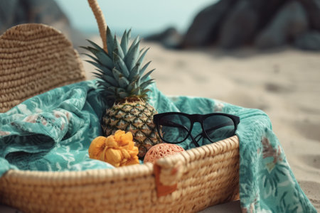 Wicker basket with fruits and sunglasses on the beach. Summer conceptの素材