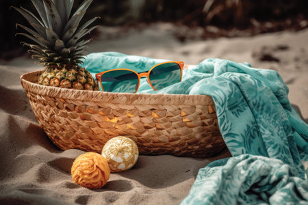 Pineapple and sunglasses on the beach. Summer holidays concept.の素材