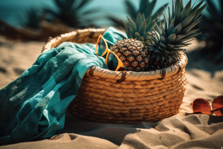 Pineapple fruit in a wicker basket on the beach.の素材