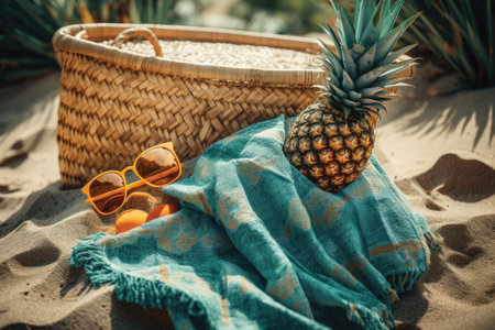 Beach accessories on the sand. Pineapple, sunglasses and towelの素材