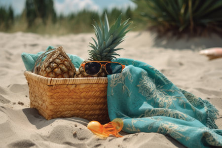 Wicker basket with pineapple and sunglasses on the beach. Summer vacation conceptの素材