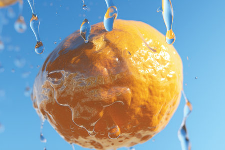 Tangerine with water drops on blue sky background. 3d illustrationの素材