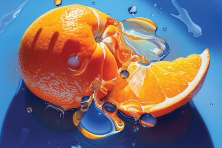 Orange fruit with water drops on blue background. 3d illustration.の素材