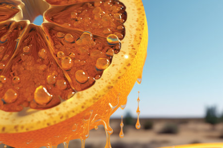 Slice of orange with drops of juice. 3d illustration.の素材