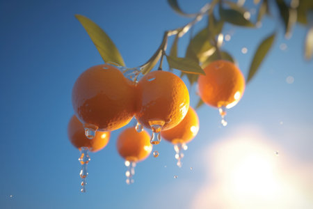 Ripe tangerines with drops of water on a background of blue skyの素材