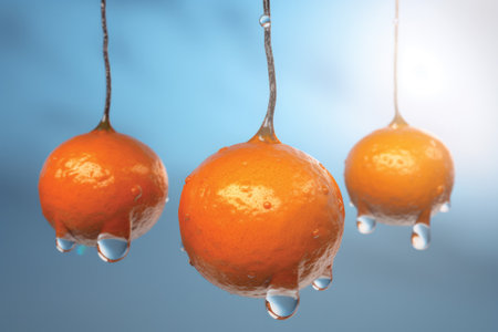 Tangerines with drops of water on a blue background. 3d renderingの素材