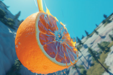 Close up of fresh orange with splashes of water on blue backgroundの素材