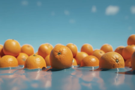 Oranges on a blue background. Shallow depth of field.の素材