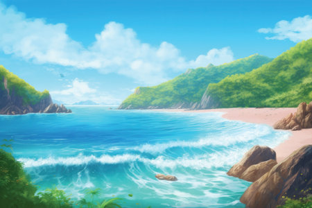 Beautiful seascape with sand and blue sea. Digital painting.の素材