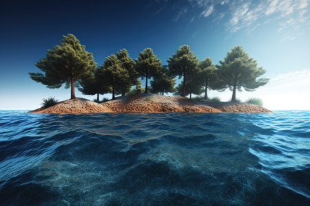 Conceptual sea or ocean water waves and pine trees isolated on blue sky backgroundの素材