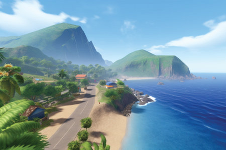 Beautiful seascape with mountains and blue sea. 3d renderの素材