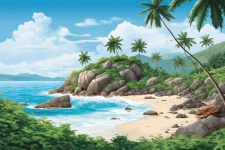 Tropical beach with palm trees and rocks. Digital painting.の素材