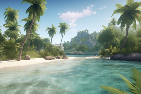 Tropical island with palm trees and blue sea. 3d renderの素材