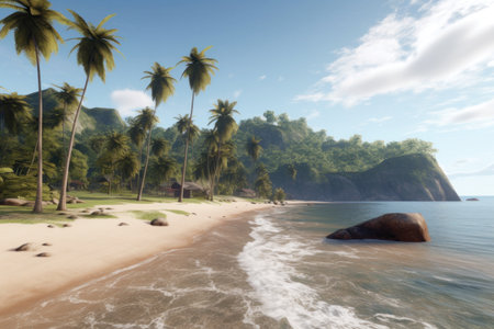 Tropical beach with palm trees and rocks. 3d renderの素材