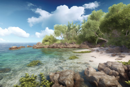 Beautiful seascape with blue sky and clouds. 3d renderの素材