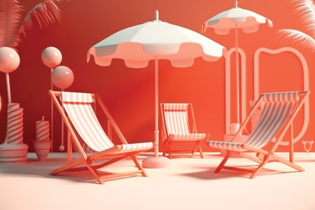 Beach chair with umbrella on red background. 3D rendering.の素材