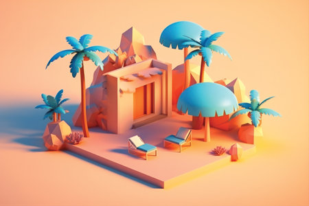 3d render of isometric island with palm trees and sunbedの素材