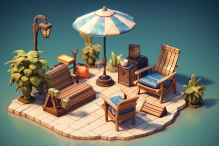 Beach furniture on the island. 3D illustration. Vintage style.の素材