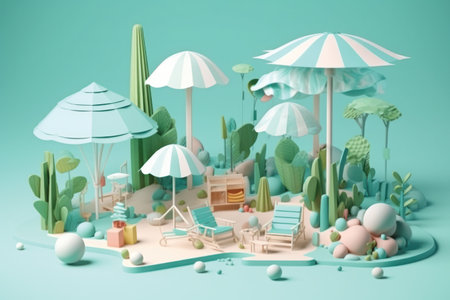 3d illustration of a beach scene with umbrellas and chairsの素材