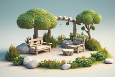 Fantasy garden with bench and table. 3D illustration. Copy space.の素材