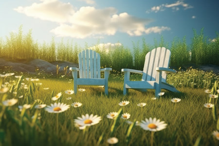 Two wooden chairs on the grass with daisies in the backgroundの素材