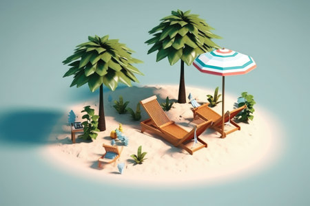 Beach chair with umbrella and palm trees. 3d illustration.の素材