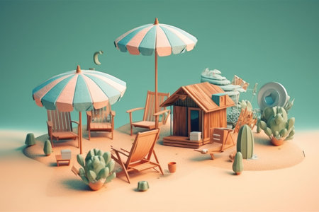 Beach umbrella and chairs on the sand. 3d illustration.の素材