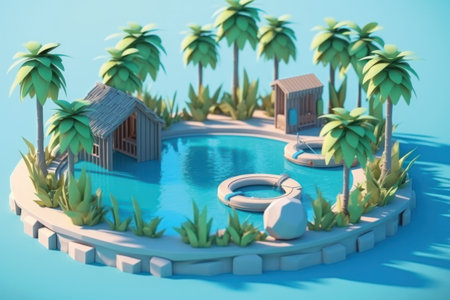Tropical island with palm trees and swimming pool. 3d renderの素材