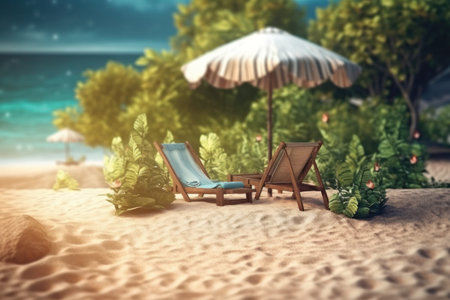 Beach chair and umbrella on the sand. 3d rendering.の素材