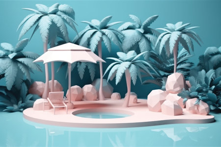 3d render of tropical island with palm trees, sunbeds and umbrellaの素材