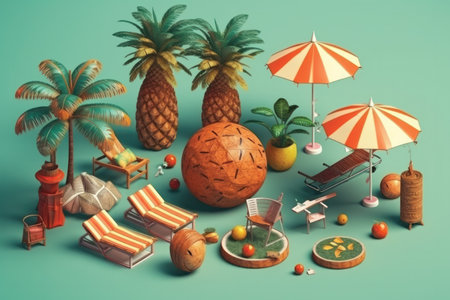 3d illustration of summer concept with palm trees, sun loungers and beach accessoriesの素材