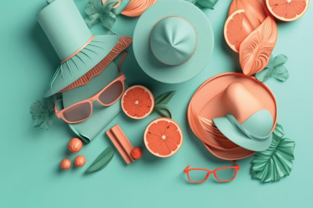Summer flat lay with hat, sunglasses, orange and grapefruit on blue backgroundの素材