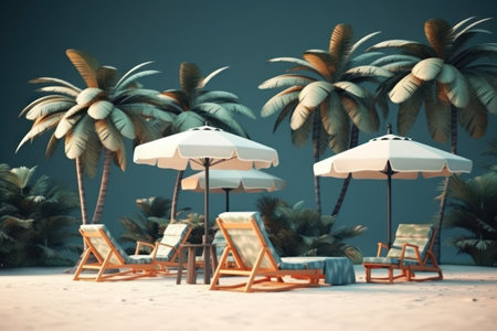 Beach chairs and umbrella on the beach. 3D Renderingの素材