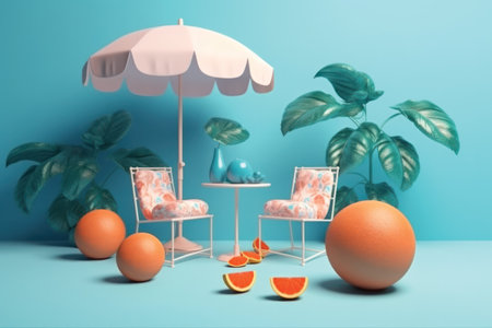 Summer background with beach chair, sun umbrella and orange fruits. 3d renderingの素材