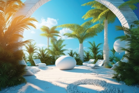 3d render of a beach with palm trees and sunbedsの素材