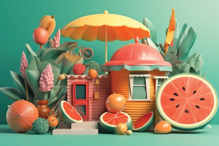 Fruit and Vegetables Decorated with Umbrella. 3d Renderingの素材