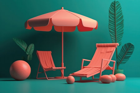 Beach chair with umbrella and oranges. Summer concept. 3D Renderingの素材