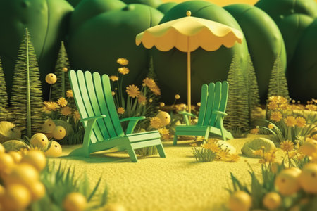 3d illustration of green chairs and umbrella in the garden with yellow flowersの素材