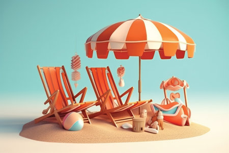 Beach chair with umbrella on the sand. 3d illustration.の素材