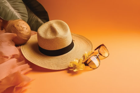 Straw hat, sun glasses and orange flower on orange background.の素材