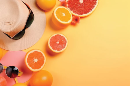 Summer composition with hat, sunglasses, grapefruit and oranges on color backgroundの素材