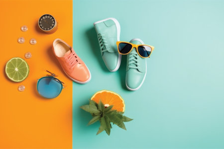 Summer flat lay. Sneakers, sunglasses, orange, lemon, mint on color background.の素材