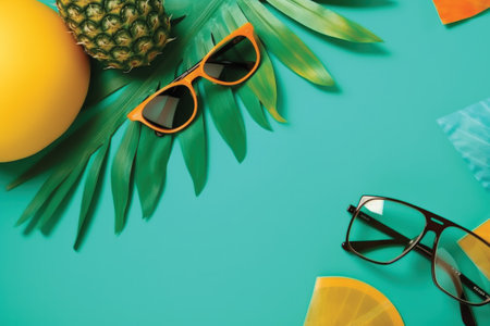 Top view of sunglasses, orange and pineapple on green background with copy spaceの素材