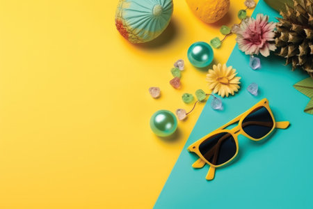 Flat lay composition with sunglasses, seashells and tropical flowers on colorful backgroundの素材