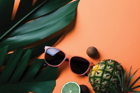 Tropical palm leaves and sunglasses on orange background, flat layの素材