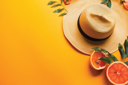 Summer background with hat, grapefruit and lemons on orange backgroundの素材
