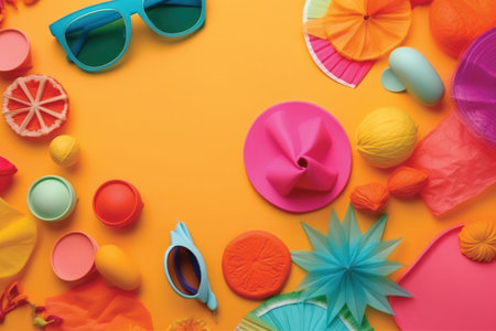 top view of colorful paper party items on orange background with copy spaceの素材